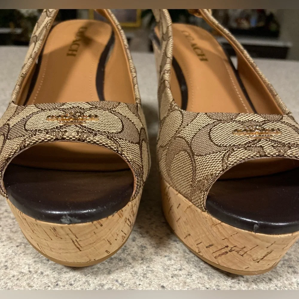 COACH Signature Tan Open Toe Wedges - Picture 3 of 6